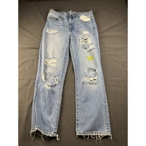VERVET, Super High Rise Distressed Crop Straight Jeans Light Blue 90's Retro Y2K
